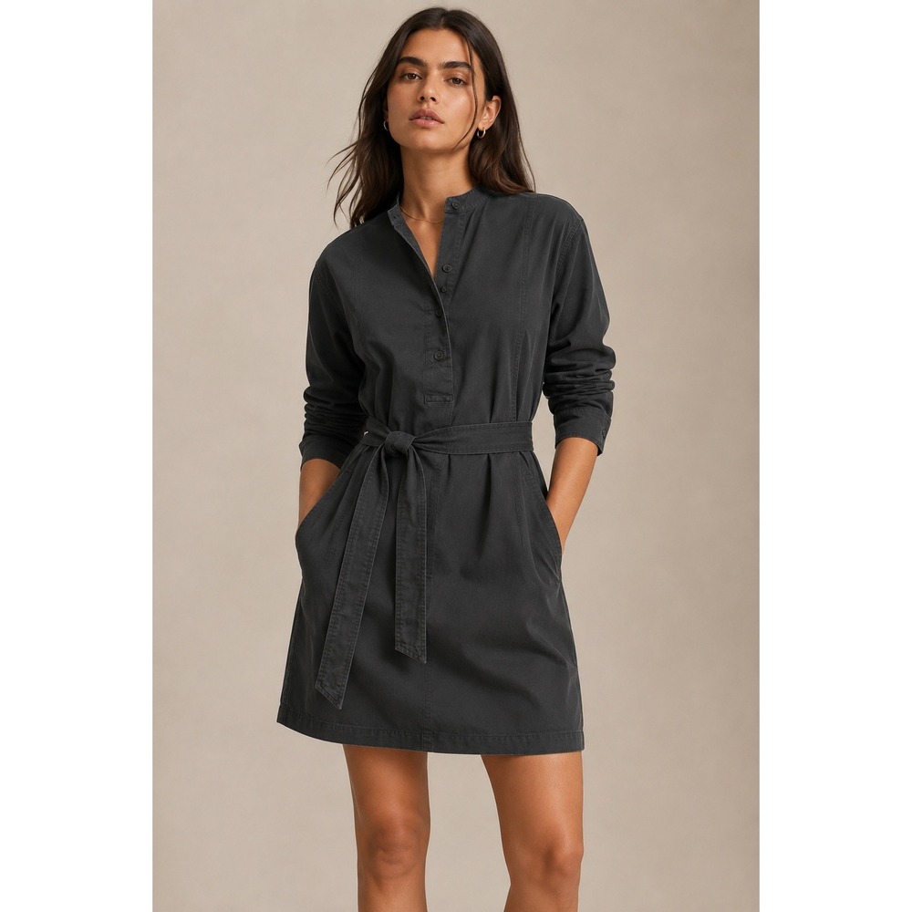 Gap Womens Utility Shirt Dress Charcoal Gray Cotton Band Collar Mini Belted L